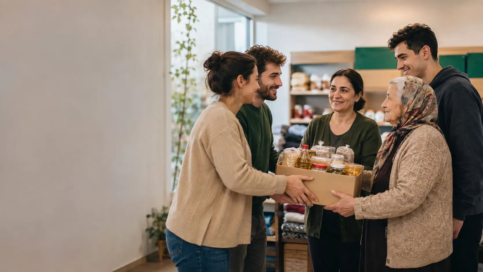 Dayanışma merkezinde bir araya gelen gönüllüler ve aile